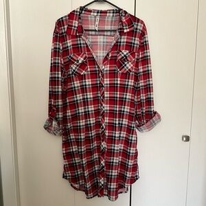 White Mark Red, Blue and White Plaid Long Sleeve Shirt Dress